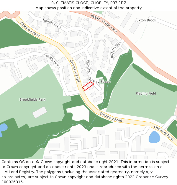 9, CLEMATIS CLOSE, CHORLEY, PR7 1BZ: Location map and indicative extent of plot