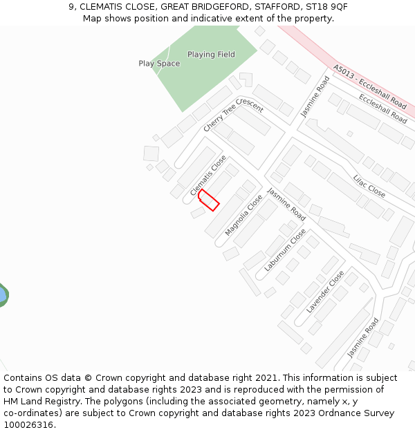 9, CLEMATIS CLOSE, GREAT BRIDGEFORD, STAFFORD, ST18 9QF: Location map and indicative extent of plot