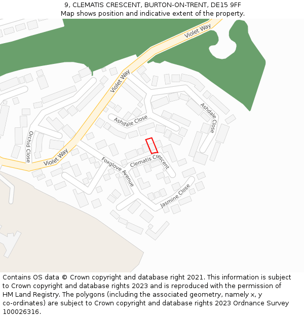 9, CLEMATIS CRESCENT, BURTON-ON-TRENT, DE15 9FF: Location map and indicative extent of plot