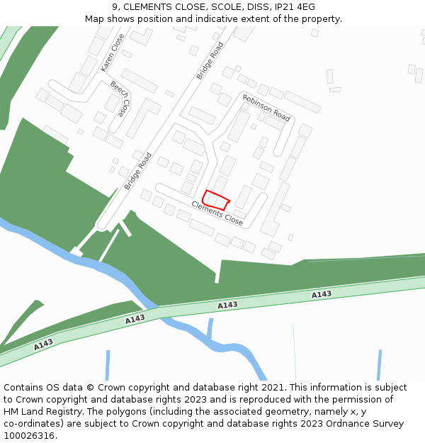 9, CLEMENTS CLOSE, SCOLE, DISS, IP21 4EG: Location map and indicative extent of plot