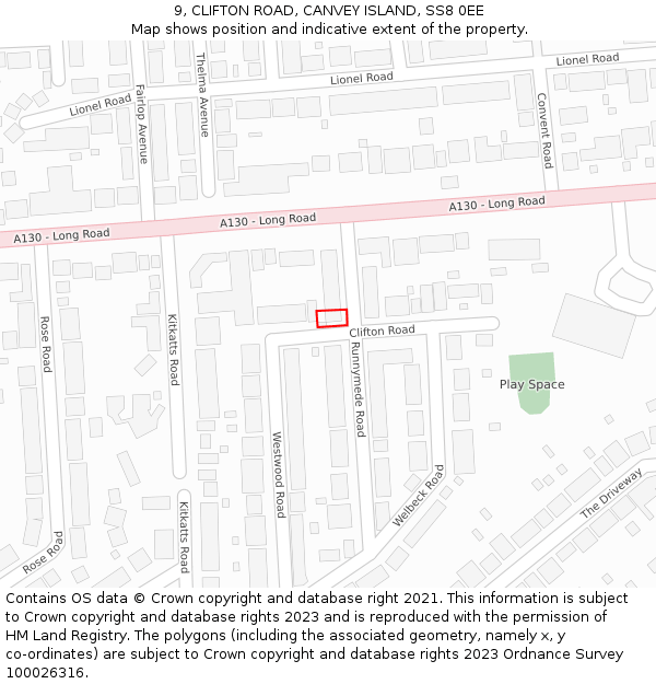 9, CLIFTON ROAD, CANVEY ISLAND, SS8 0EE: Location map and indicative extent of plot