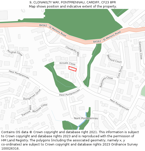 9, CLONAKILTY WAY, PONTPRENNAU, CARDIFF, CF23 8PR: Location map and indicative extent of plot