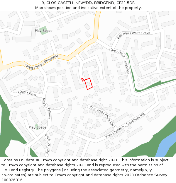 9, CLOS CASTELL NEWYDD, BRIDGEND, CF31 5DR: Location map and indicative extent of plot