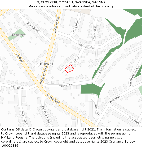 9, CLOS CERI, CLYDACH, SWANSEA, SA6 5NP: Location map and indicative extent of plot