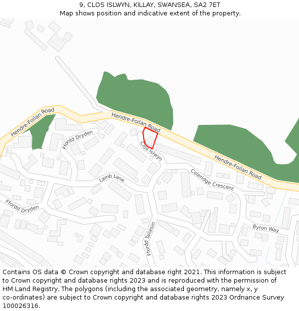 9, CLOS ISLWYN, KILLAY, SWANSEA, SA2 7ET: Location map and indicative extent of plot