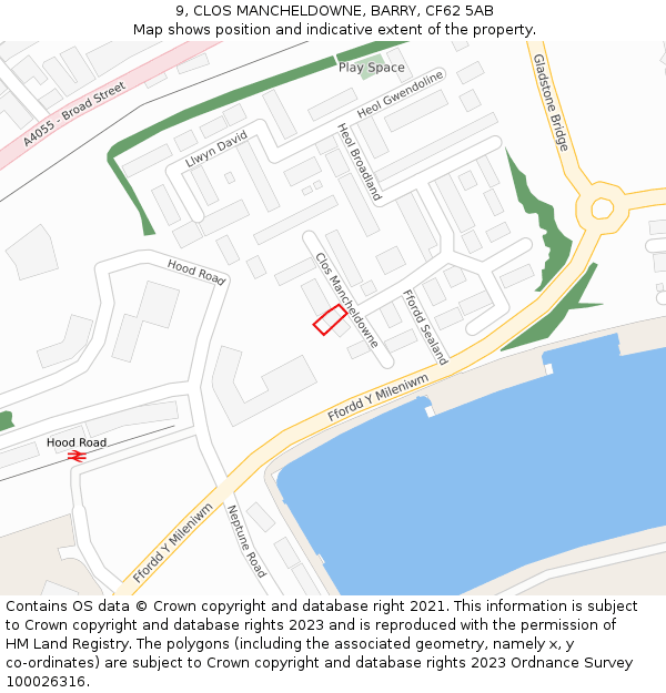 9, CLOS MANCHELDOWNE, BARRY, CF62 5AB: Location map and indicative extent of plot