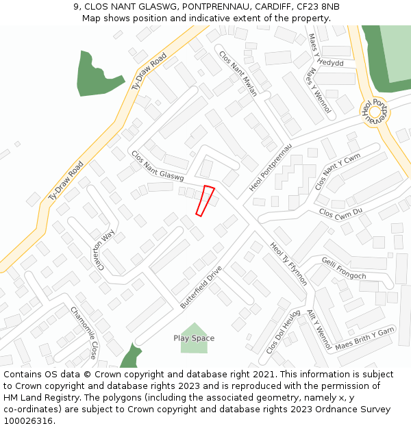 9, CLOS NANT GLASWG, PONTPRENNAU, CARDIFF, CF23 8NB: Location map and indicative extent of plot