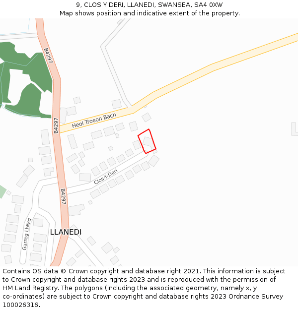 9, CLOS Y DERI, LLANEDI, SWANSEA, SA4 0XW: Location map and indicative extent of plot