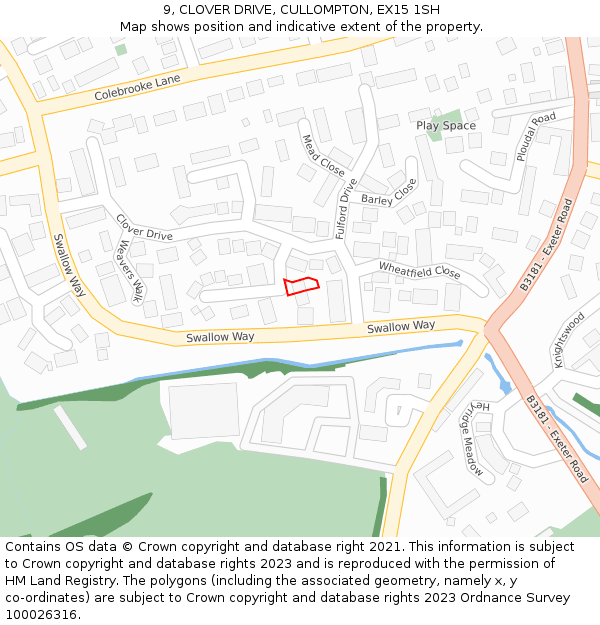 9, CLOVER DRIVE, CULLOMPTON, EX15 1SH: Location map and indicative extent of plot