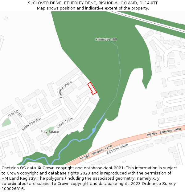 9, CLOVER DRIVE, ETHERLEY DENE, BISHOP AUCKLAND, DL14 0TT: Location map and indicative extent of plot