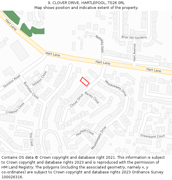 9, CLOVER DRIVE, HARTLEPOOL, TS26 0RL: Location map and indicative extent of plot