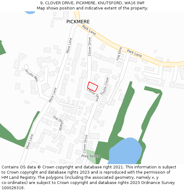9, CLOVER DRIVE, PICKMERE, KNUTSFORD, WA16 0WF: Location map and indicative extent of plot