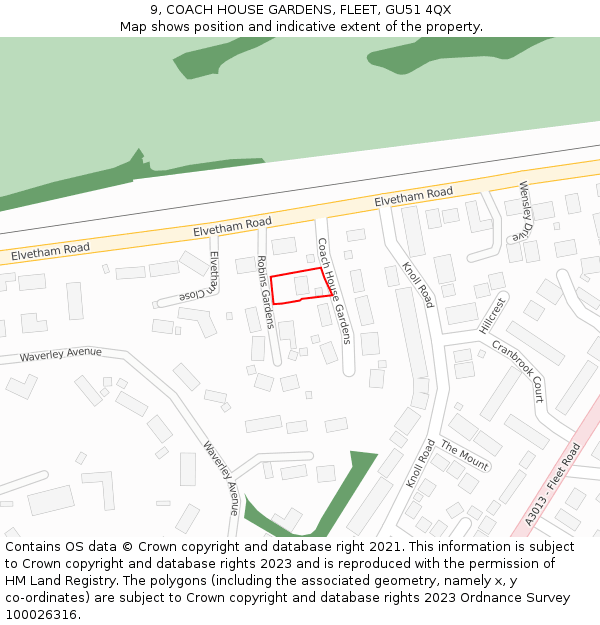 9, COACH HOUSE GARDENS, FLEET, GU51 4QX: Location map and indicative extent of plot