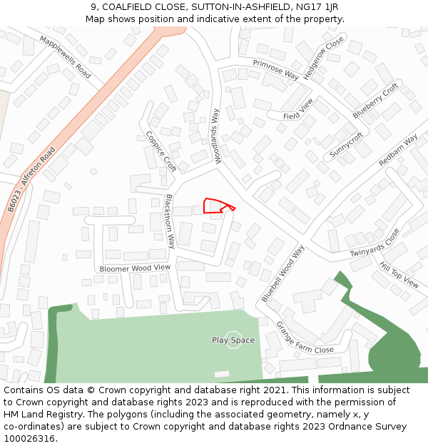 9, COALFIELD CLOSE, SUTTON-IN-ASHFIELD, NG17 1JR: Location map and indicative extent of plot