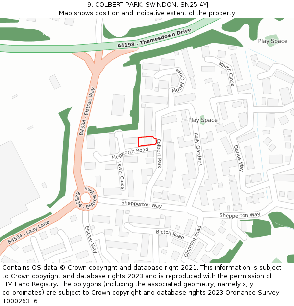 9, COLBERT PARK, SWINDON, SN25 4YJ: Location map and indicative extent of plot