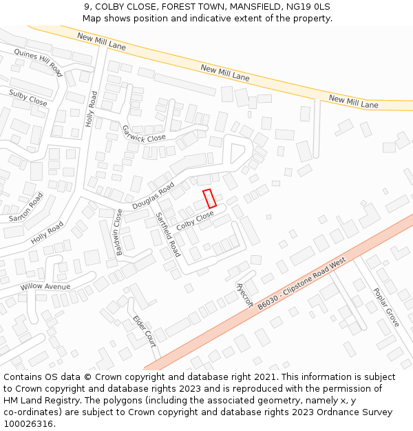 9, COLBY CLOSE, FOREST TOWN, MANSFIELD, NG19 0LS: Location map and indicative extent of plot