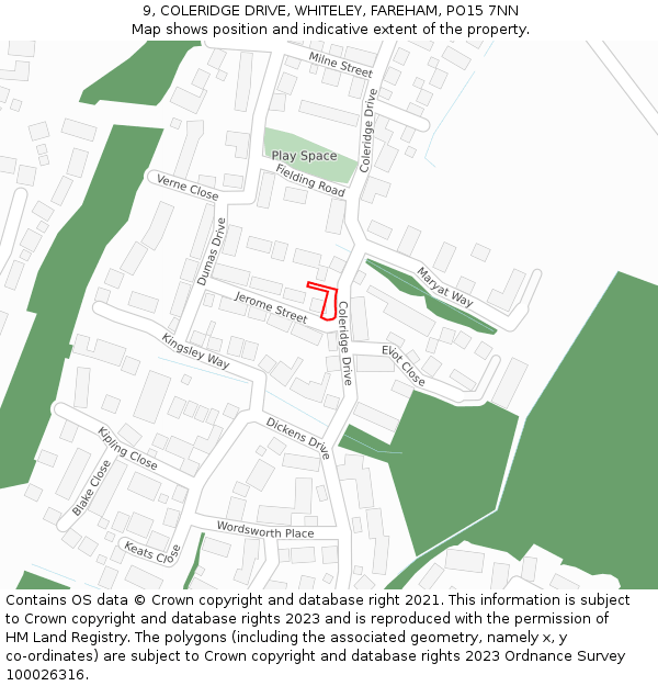 9, COLERIDGE DRIVE, WHITELEY, FAREHAM, PO15 7NN: Location map and indicative extent of plot