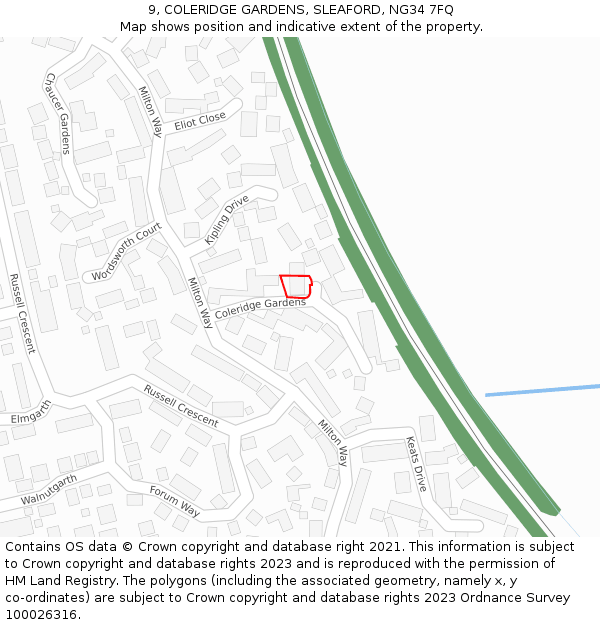 9, COLERIDGE GARDENS, SLEAFORD, NG34 7FQ: Location map and indicative extent of plot