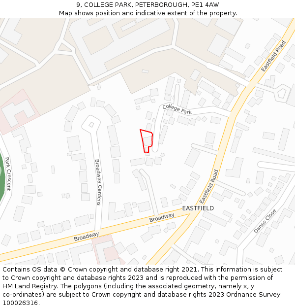 9, COLLEGE PARK, PETERBOROUGH, PE1 4AW: Location map and indicative extent of plot