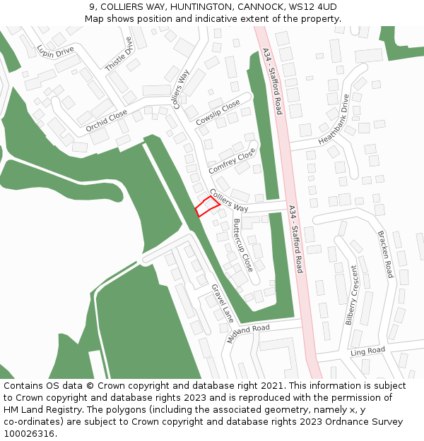 9, COLLIERS WAY, HUNTINGTON, CANNOCK, WS12 4UD: Location map and indicative extent of plot
