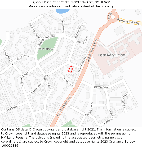 9, COLLINGS CRESCENT, BIGGLESWADE, SG18 0PZ: Location map and indicative extent of plot