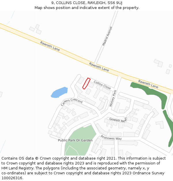 9, COLLINS CLOSE, RAYLEIGH, SS6 9UJ: Location map and indicative extent of plot
