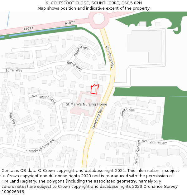 9, COLTSFOOT CLOSE, SCUNTHORPE, DN15 8PN: Location map and indicative extent of plot