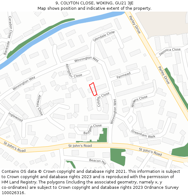 9, COLYTON CLOSE, WOKING, GU21 3JE: Location map and indicative extent of plot