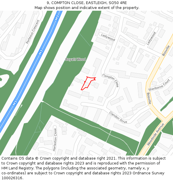 9, COMPTON CLOSE, EASTLEIGH, SO50 4RE: Location map and indicative extent of plot