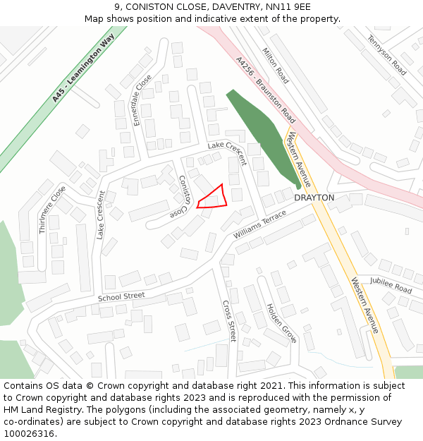 9, CONISTON CLOSE, DAVENTRY, NN11 9EE: Location map and indicative extent of plot