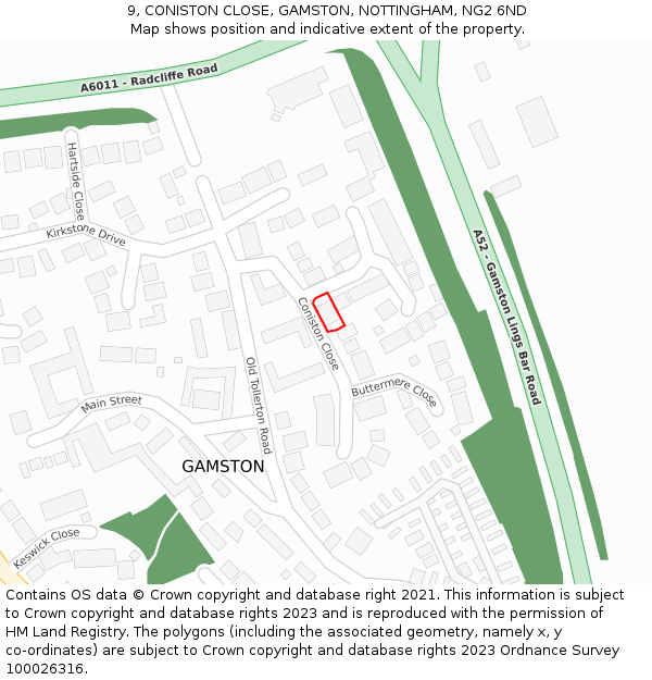 9, CONISTON CLOSE, GAMSTON, NOTTINGHAM, NG2 6ND: Location map and indicative extent of plot