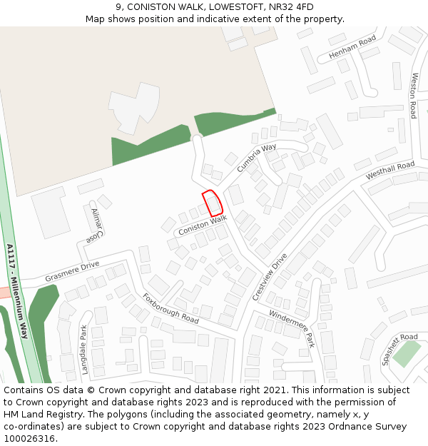 9, CONISTON WALK, LOWESTOFT, NR32 4FD: Location map and indicative extent of plot