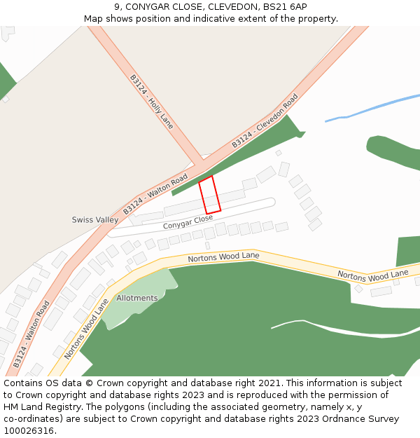 9, CONYGAR CLOSE, CLEVEDON, BS21 6AP: Location map and indicative extent of plot