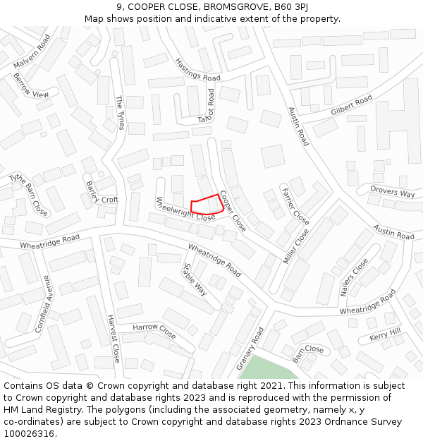 9, COOPER CLOSE, BROMSGROVE, B60 3PJ: Location map and indicative extent of plot
