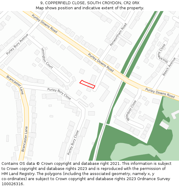 9, COPPERFIELD CLOSE, SOUTH CROYDON, CR2 0RX: Location map and indicative extent of plot