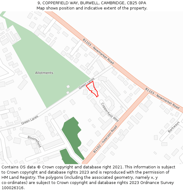 9, COPPERFIELD WAY, BURWELL, CAMBRIDGE, CB25 0PA: Location map and indicative extent of plot