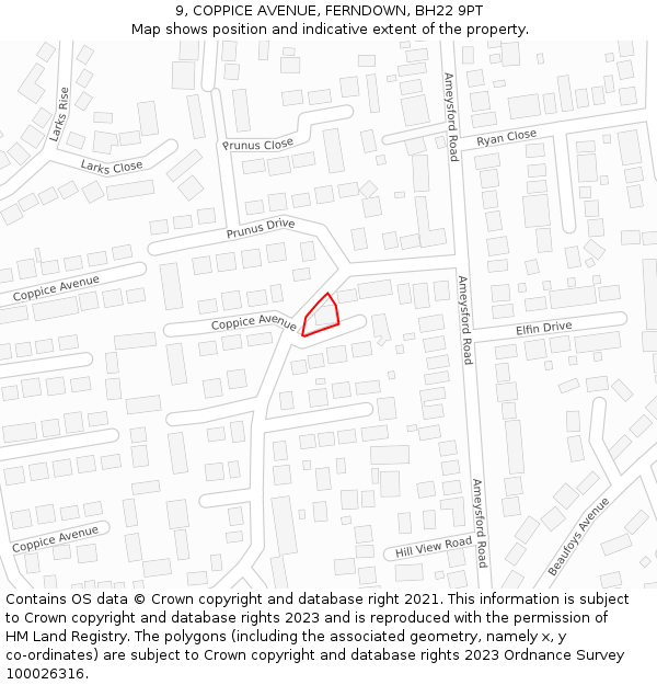 9, COPPICE AVENUE, FERNDOWN, BH22 9PT: Location map and indicative extent of plot