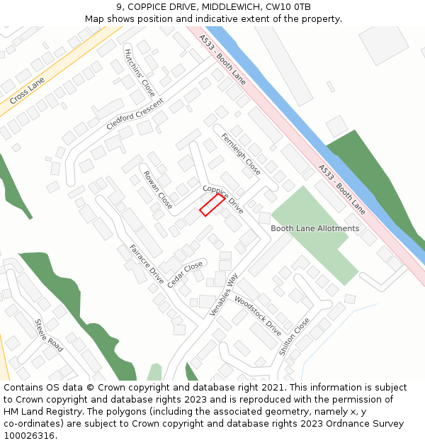 9, COPPICE DRIVE, MIDDLEWICH, CW10 0TB: Location map and indicative extent of plot