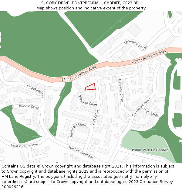 9, CORK DRIVE, PONTPRENNAU, CARDIFF, CF23 8PU: Location map and indicative extent of plot