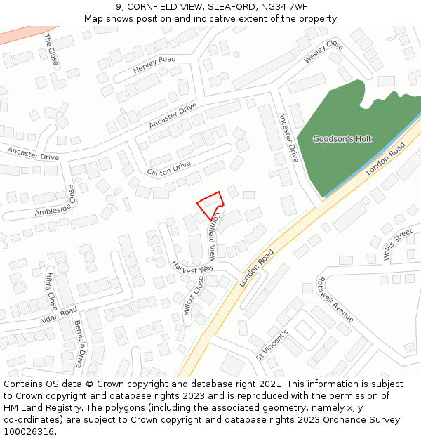 9, CORNFIELD VIEW, SLEAFORD, NG34 7WF: Location map and indicative extent of plot