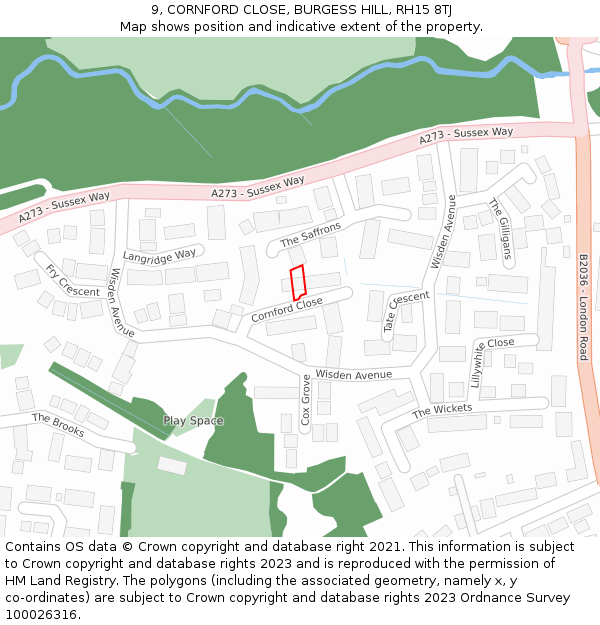 9, CORNFORD CLOSE, BURGESS HILL, RH15 8TJ: Location map and indicative extent of plot