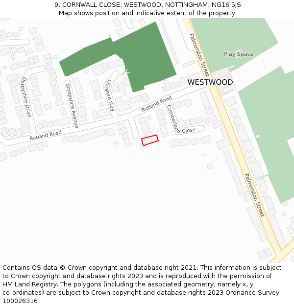 9, CORNWALL CLOSE, WESTWOOD, NOTTINGHAM, NG16 5JS: Location map and indicative extent of plot