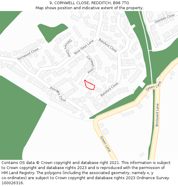 9, CORNWELL CLOSE, REDDITCH, B98 7TG: Location map and indicative extent of plot