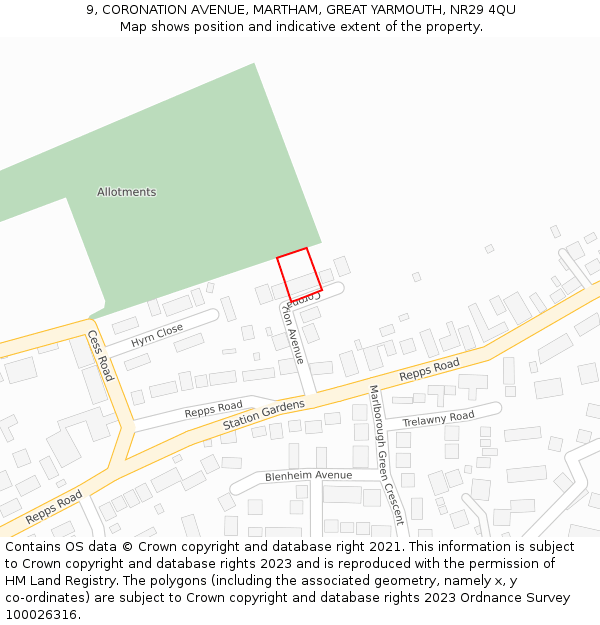 9, CORONATION AVENUE, MARTHAM, GREAT YARMOUTH, NR29 4QU: Location map and indicative extent of plot