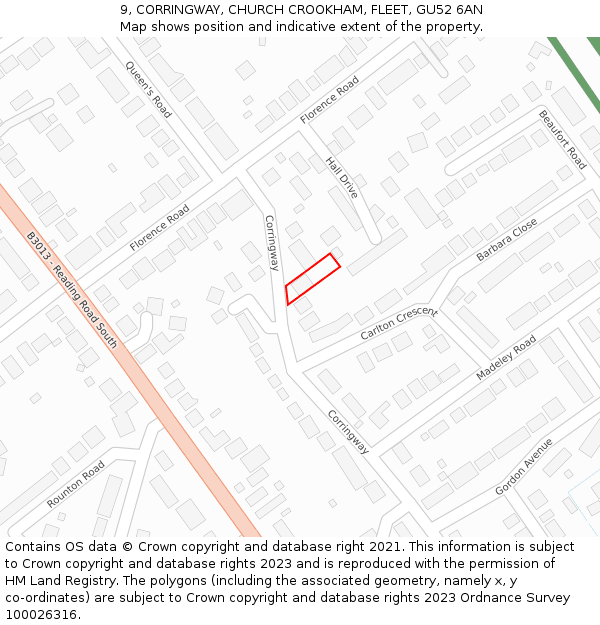 9, CORRINGWAY, CHURCH CROOKHAM, FLEET, GU52 6AN: Location map and indicative extent of plot