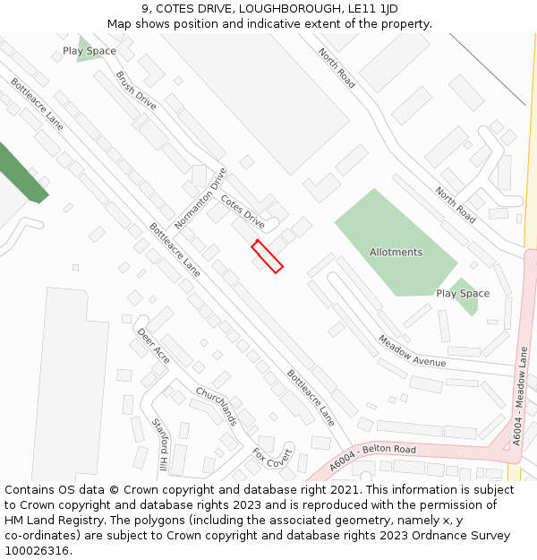 9, COTES DRIVE, LOUGHBOROUGH, LE11 1JD: Location map and indicative extent of plot