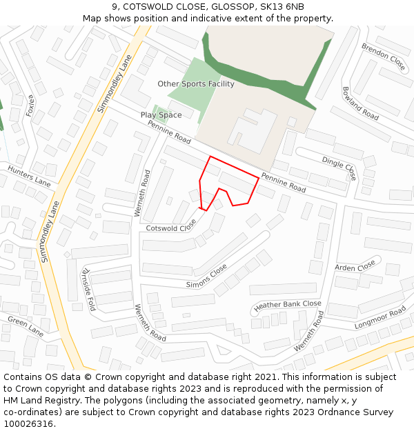 9, COTSWOLD CLOSE, GLOSSOP, SK13 6NB: Location map and indicative extent of plot