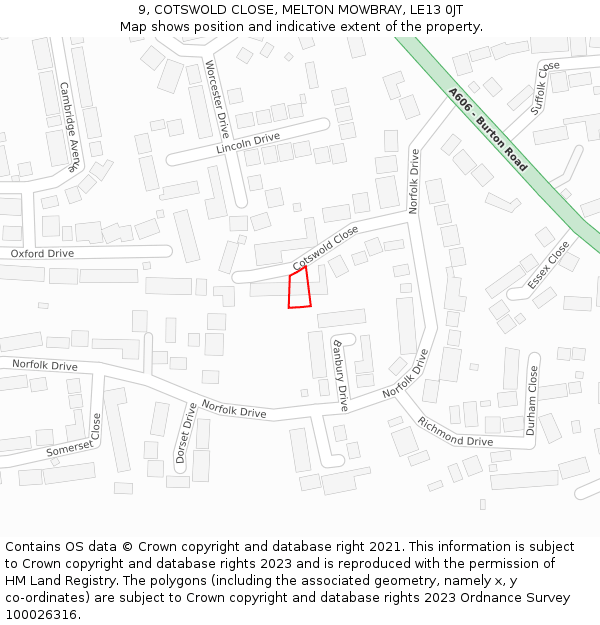 9, COTSWOLD CLOSE, MELTON MOWBRAY, LE13 0JT: Location map and indicative extent of plot