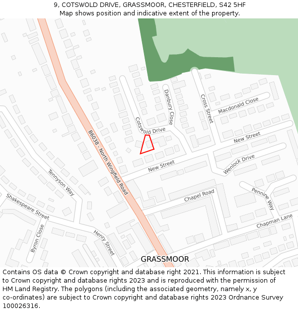 9, COTSWOLD DRIVE, GRASSMOOR, CHESTERFIELD, S42 5HF: Location map and indicative extent of plot