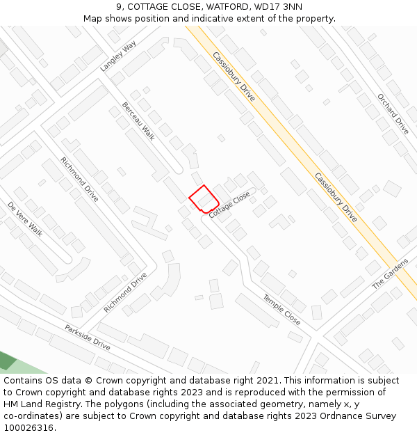 9, COTTAGE CLOSE, WATFORD, WD17 3NN: Location map and indicative extent of plot